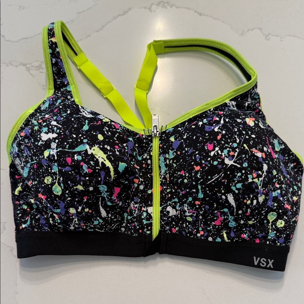 VSX Black and Neon Splatter Sports Bra with real bra insert